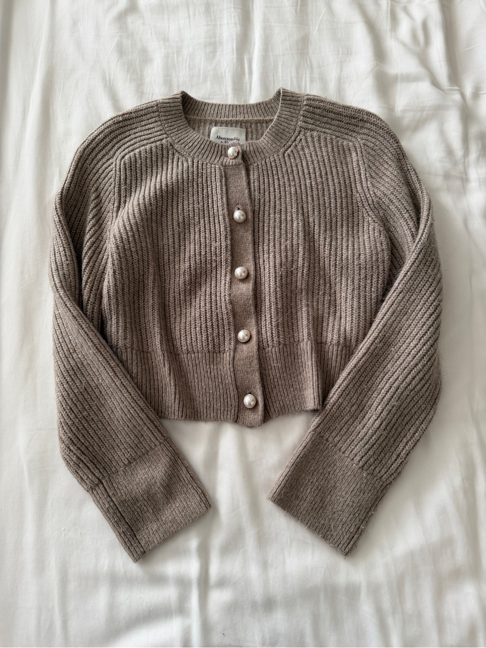 Abercrombie & Fitch Taupe Pearl-Button Ribbed Cardigan - Picture 1 of 2